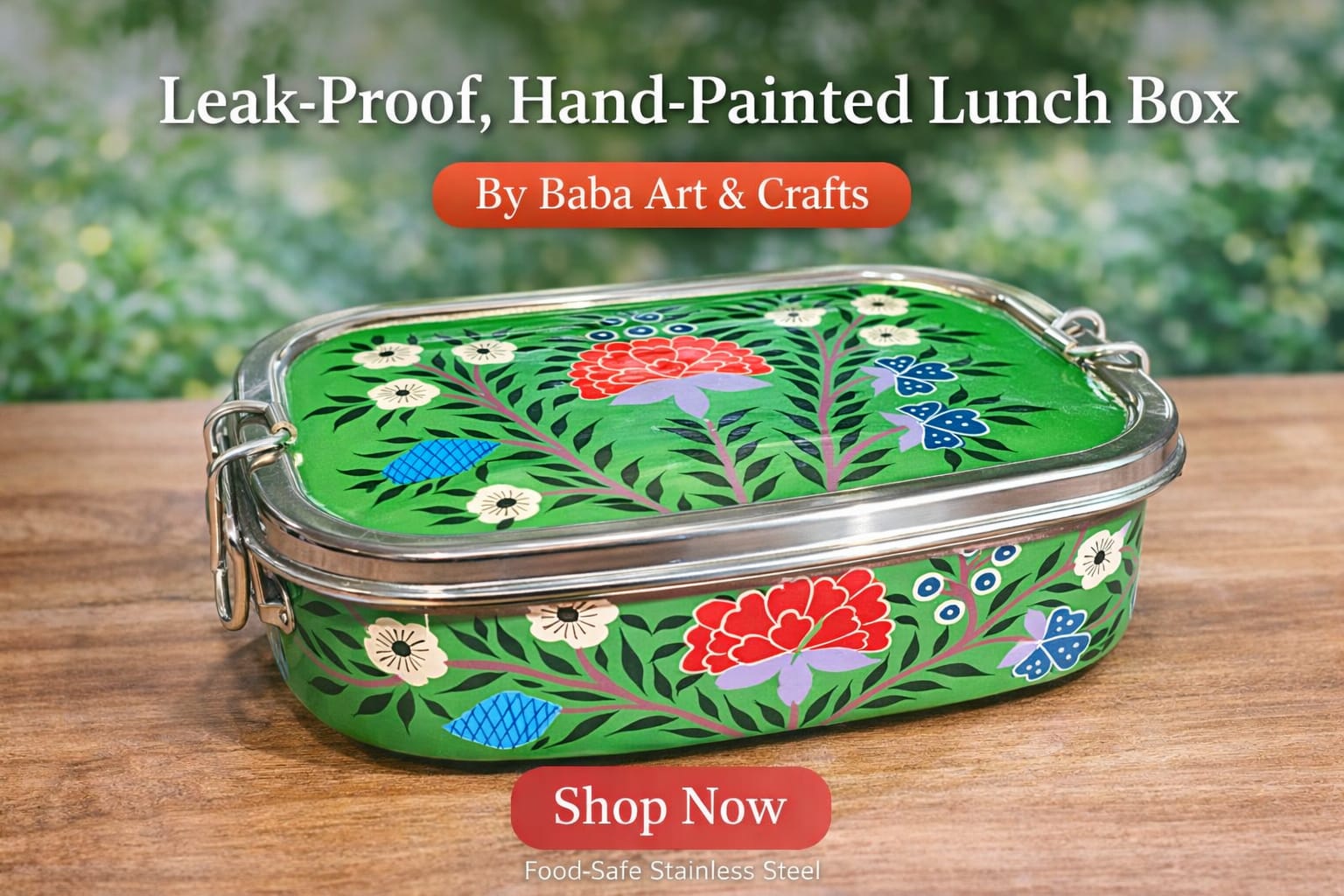 Elegant single tier rectangular stainless steel lunch box, hand-painted by Kashmiri artisans. Lead-free, leak-proof, food-safe with 1 inner tray.